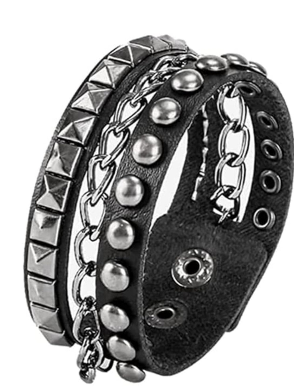 Genuine Leather Layered Punk Cuff – Pyramid Stud & Chain Multi-Strand Bangle